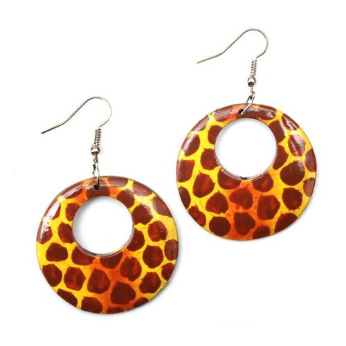 Cool brown leopard inspired open disc wooden drop earrings