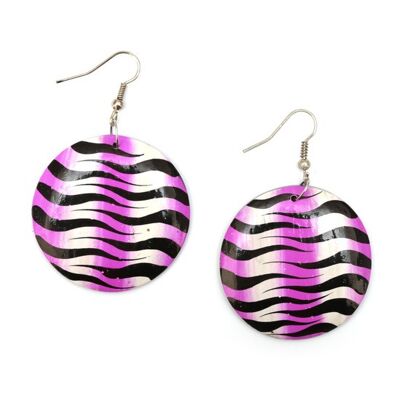 Gorgeous purple and white zebra inspired disc wooden drop earrings