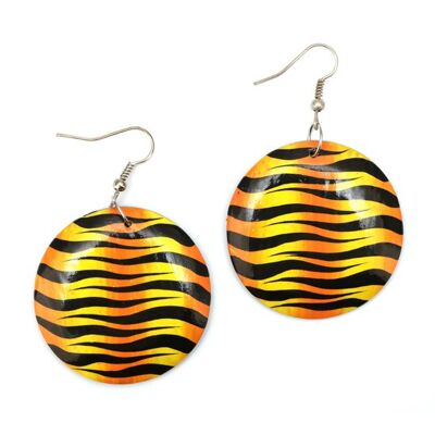 Wunderschöne orange und gelbe, von Zebras inspirierte Scheibenohrringe aus Holz
