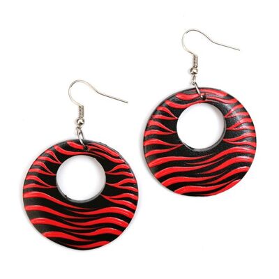 Accattivanti orecchini pendenti in legno a disco ispirati alla zebra nera e rossa