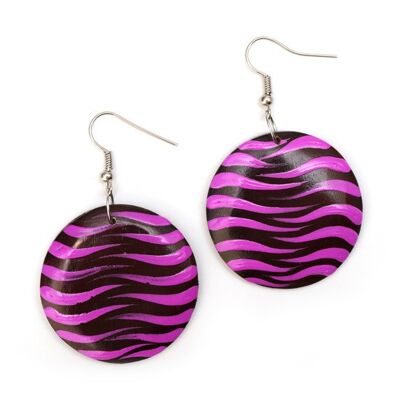 Eye-catching black and purple zebra inspired disc wooden drop earrings