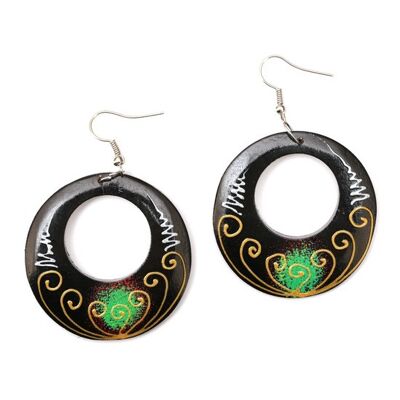 Stunning black and green swirly open disc wooden drop earrings (107948)