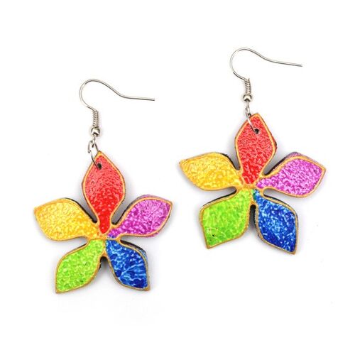 Vibrant hand-painted colourful flower wooden drop earrings