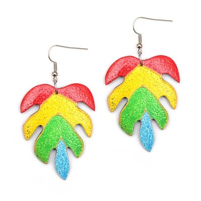 Vibrant hand-painted colourful leaf wooden drop earrings