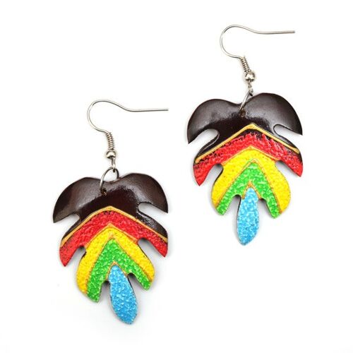 Vibrant hand-painted black colourful leaf wooden drop earrings