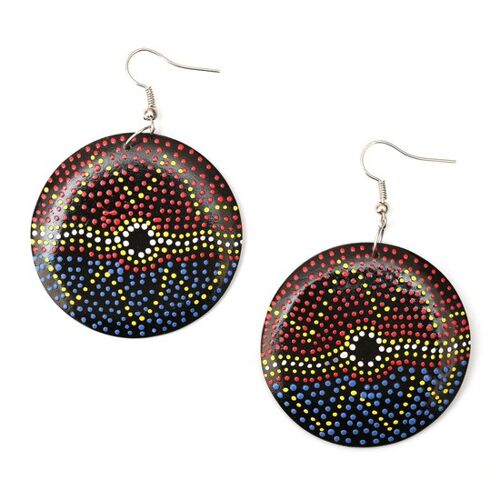 Unique black disc with hand-painted zig zag dots wooden drop earrings
