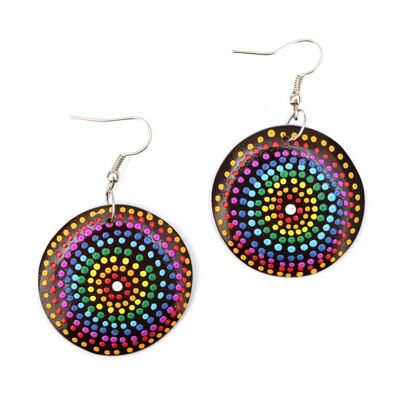 Gorgeous black disc with hand-painted rainbow dots wooden drop earrings