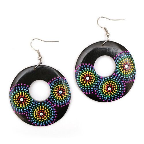 Vibrant black open disc with hand-painted floral dots wooden drop earrings