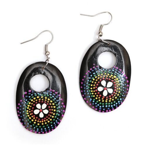 Vibrant black oval with hand-painted flower and dots wooden drop earrings