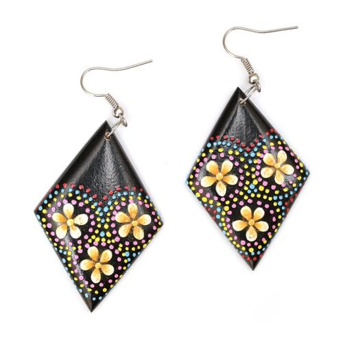 Organic black diamond shape with hand-painted flower and dots wooden drop earrings