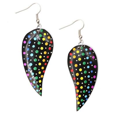 Organic black leaf with hand-painted colourful dots wooden drop earrings