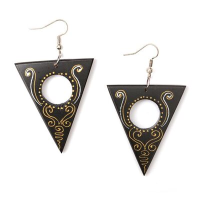 Organic black open triangle with swirl wooden drop earrings