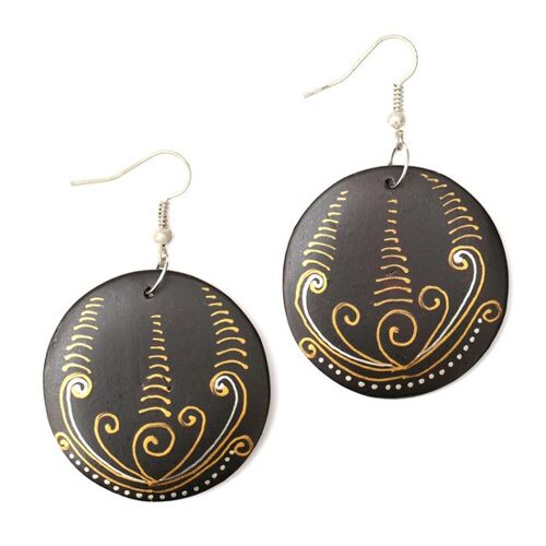 Organic black disc with swirly plant wooden drop earrings