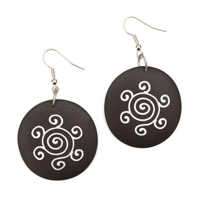 Organic black disc with swirly spiral wooden drop earrings