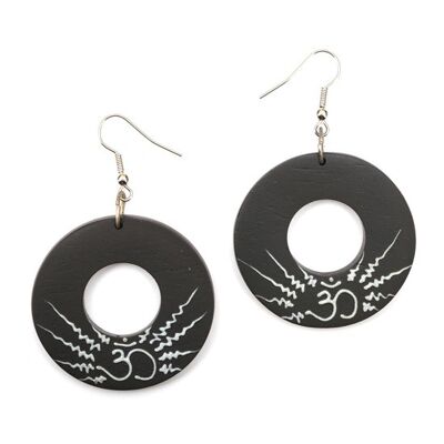 Organic black open disc with ohm sign wooden drop earrings