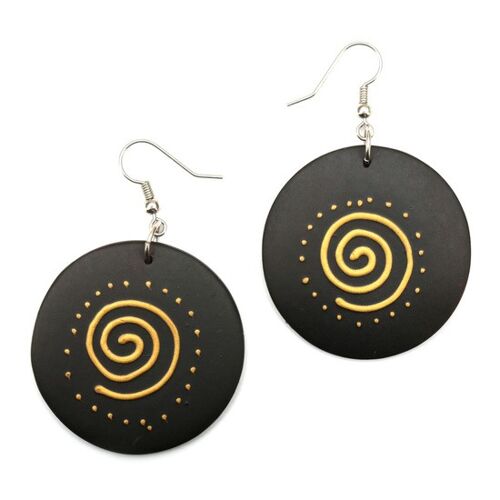Organic black and gold colour hand-painted spiral disc wooden drop earrings