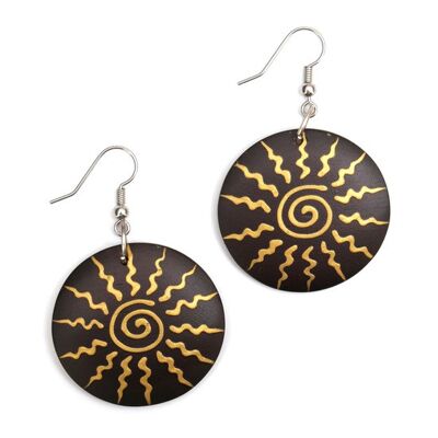 Organic hand-painted spiral sun disc wooden drop earrings