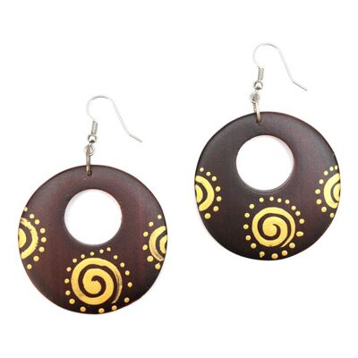 Boucles d'oreilles pendantes en bois à disque ouvert et soleil en spirale peintes à la main bio