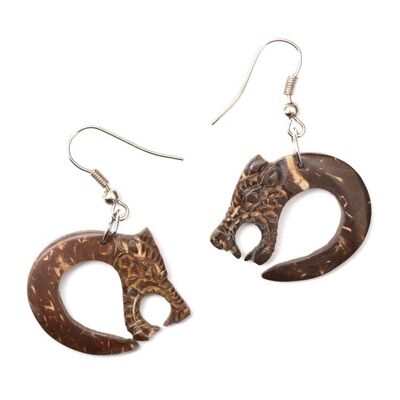 Organic brown carved dragon wooden drop earrings