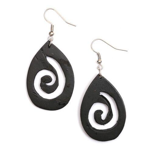 Handmade black carved spiral teardrop wooden drop earrings (107907)