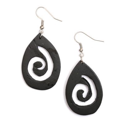 Boucles d'oreilles en bois faites à la main en forme de larme en spirale sculptée en noir (107907)