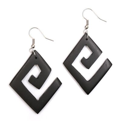 Handmade black carved diamond shape hook wooden drop earrings