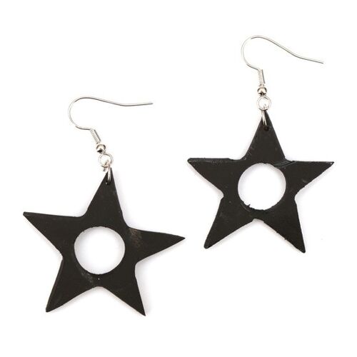 Handmade black open star carved wooden drop earrings