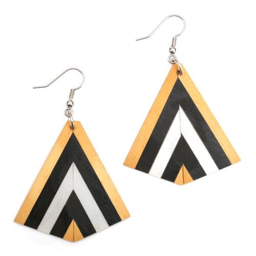 Organic carved fan shape three-tone stripe wood drop earrings