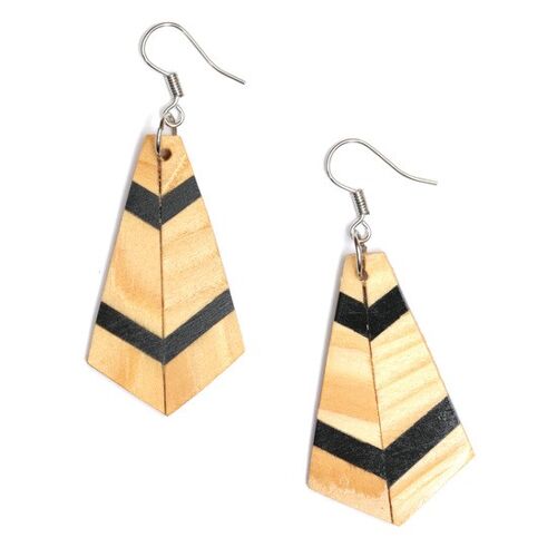 Organic carved irregular shape two-tone brown pentagon wood drop earrings