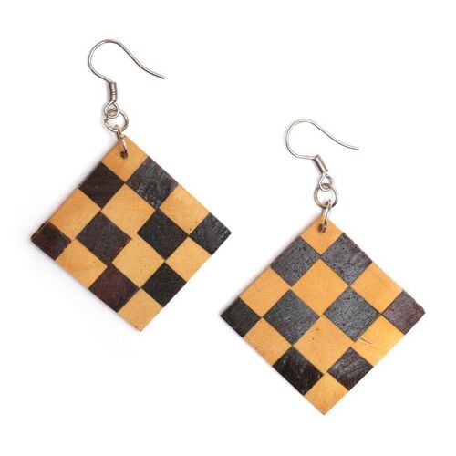 Organic carved checker two-tone brown pentagon wood drop earrings