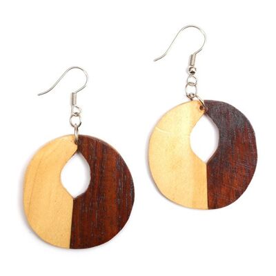 Organic round carved two-tone brown pentagon wood drop earrings
