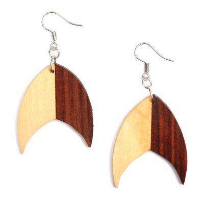 Organic fish tail carved two-tone brown pentagon wood drop earrings