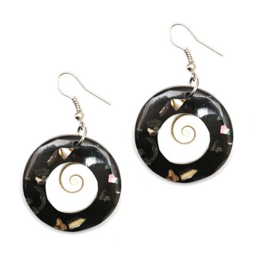 Handmade black resin with spiral shell inlaid drop earrings (107889)