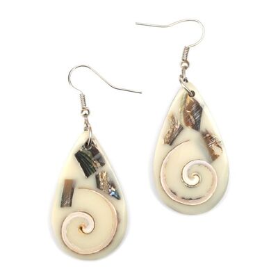 Handmade white teardrop resin with spiral shell inlaid dangle earrings (107886)
