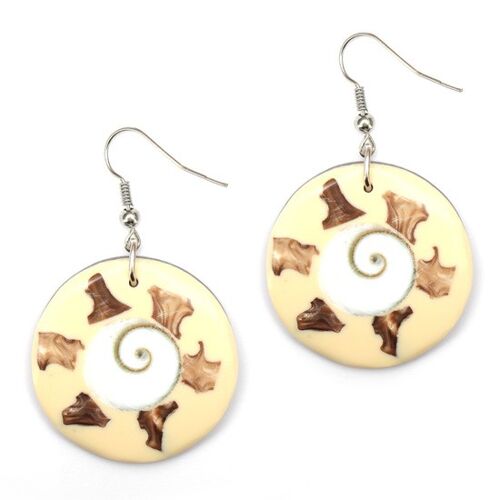 Handmade round resin with spiral shell inlaid drop earrngs (107885)