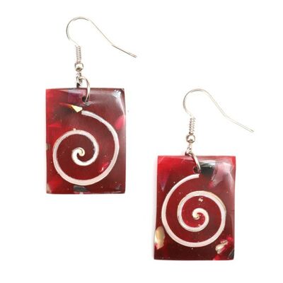 Boucles d'oreilles pendantes rectangulaires rouges avec motif spirale blanc