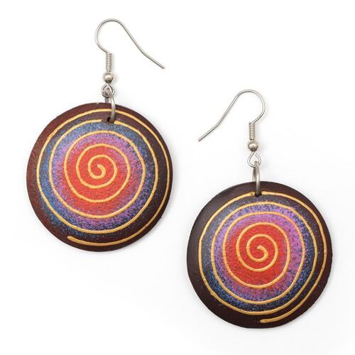 Red and purple organic wooden hoop dangle earrings with hand-painted spiral pattern