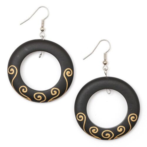 Handmade black wooden hoop dangle earrings with hand-painted spirals