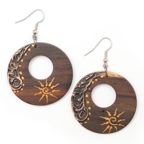 Handmade brown wooden hoop dangle earrings with hand-painted spiral sun