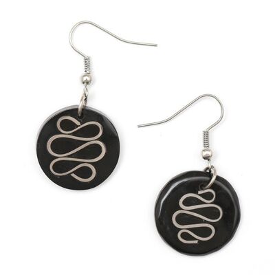 Handmade black round resin inlaid with swirl stainless steel dangle earrings