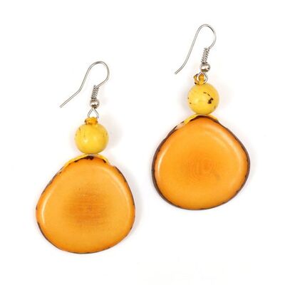 Handmade yellow Tagua slice and Acai seed drop earrings