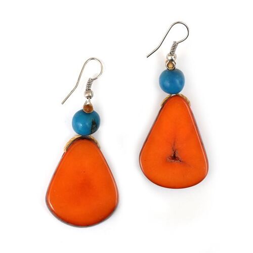 Handmade dark orange Tagua slice and Acai seed drop earrings