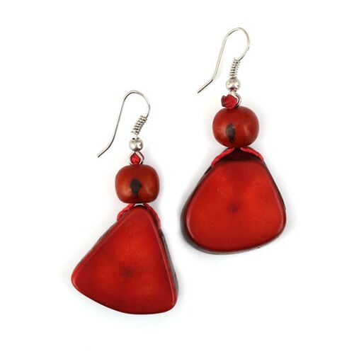Handmade red Tagua slice and Acai seed drop earrings