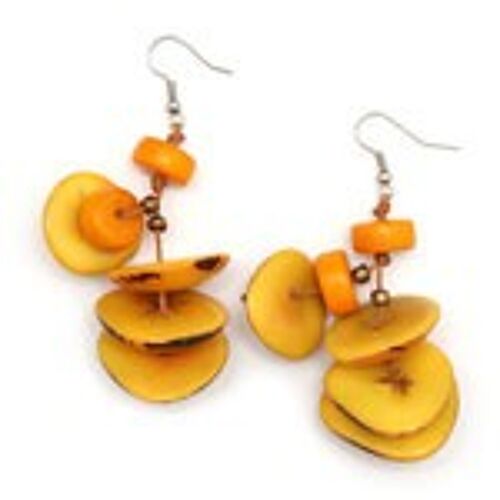 Handmade yellow Tagua slice and disc drop earrings