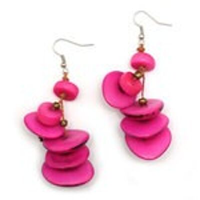 Boucles d'oreilles pendantes tranche et disque fuchsia Tagua faites à la main