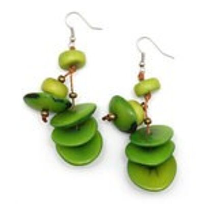 Handmade green Tagua slice and disc drop earrings
