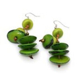 Boucles d'oreilles pendantes tranche et disque de tagua vert faites à la main 3