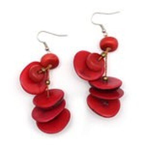 Handmade dark red Tagua slice and disc drop earrings