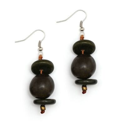 Handmade olive green Tagua nut and disc drop earrings