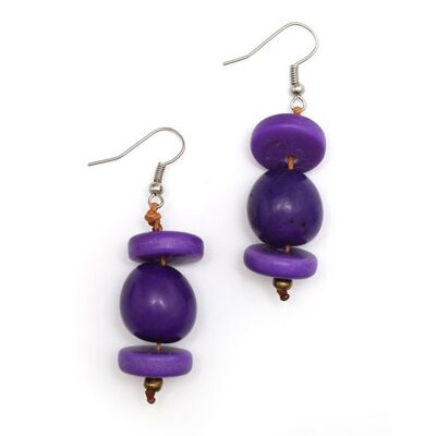 Boucles d'oreilles pendantes faites à la main avec noix de tagua violettes et disque